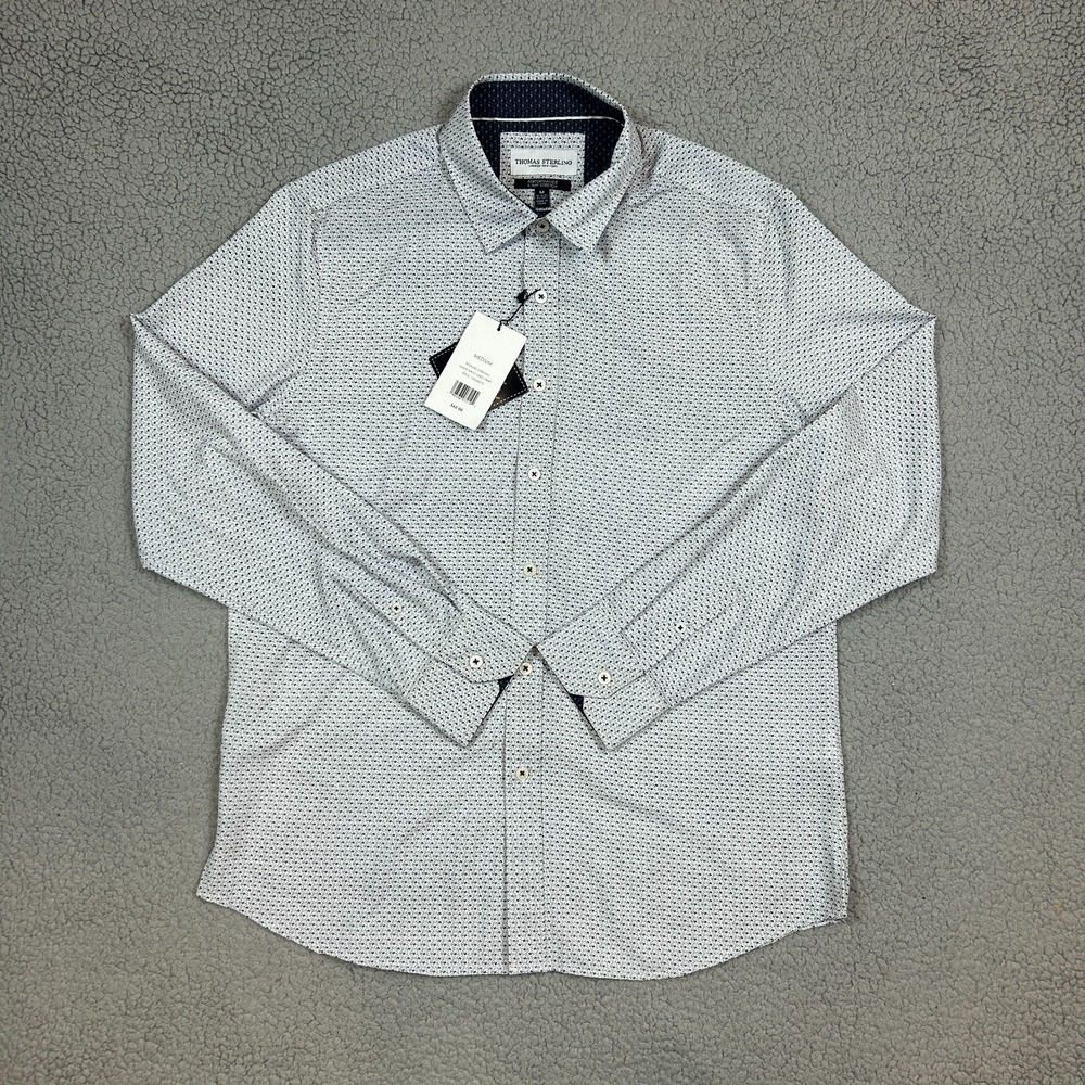 Thomas Sterling Performance 4 Way Stretch Shirt White Geometric Print Breathable